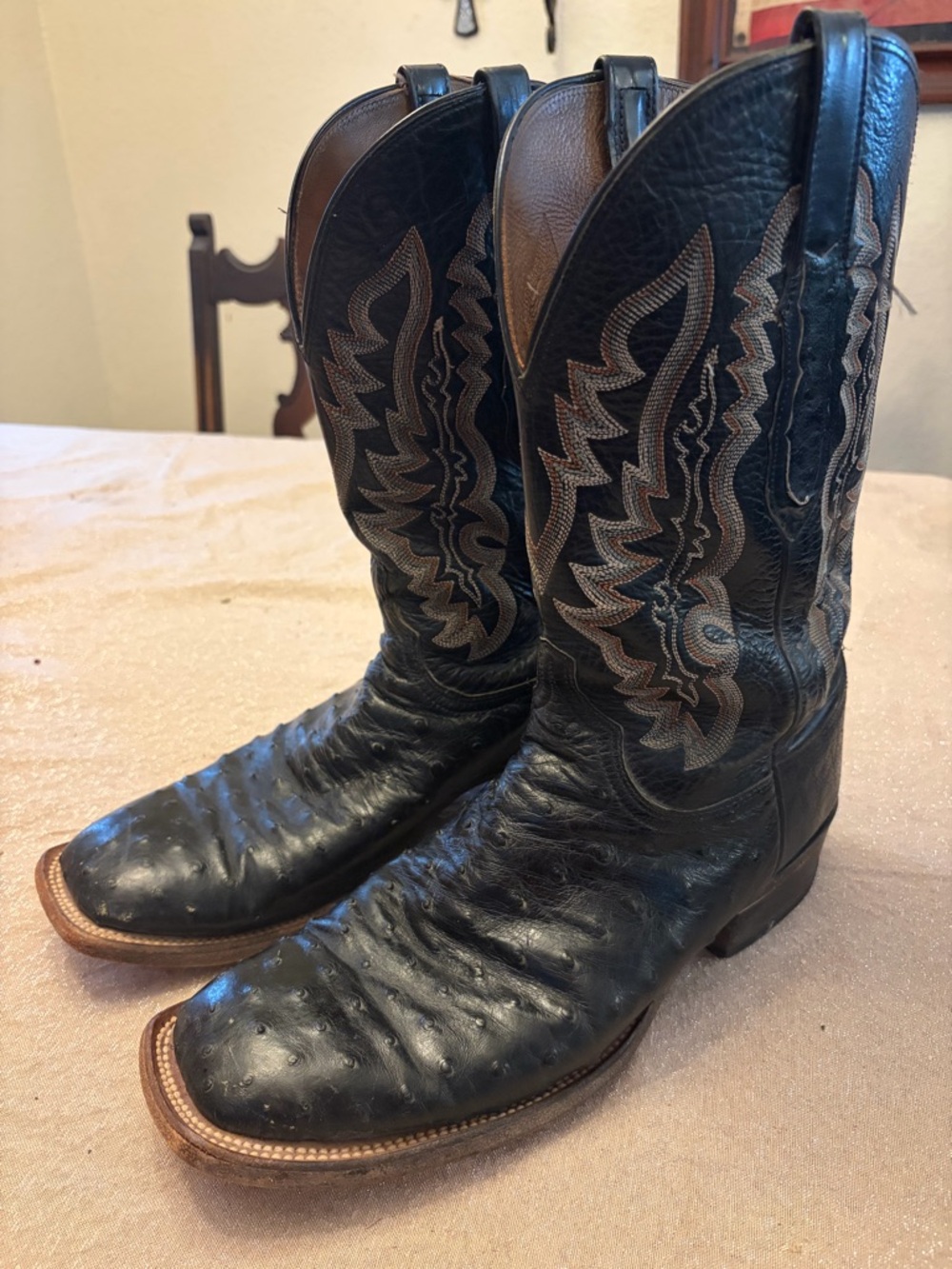 Black Lucchese Square Toe Ostrich Boots 11EE